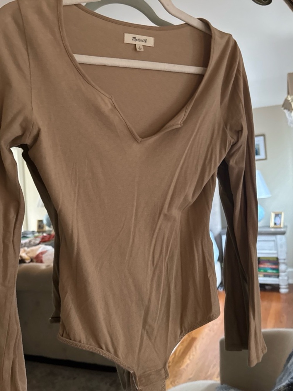 Madewell Long-Sleeve V-Neck Bodysuit in Camel Tan